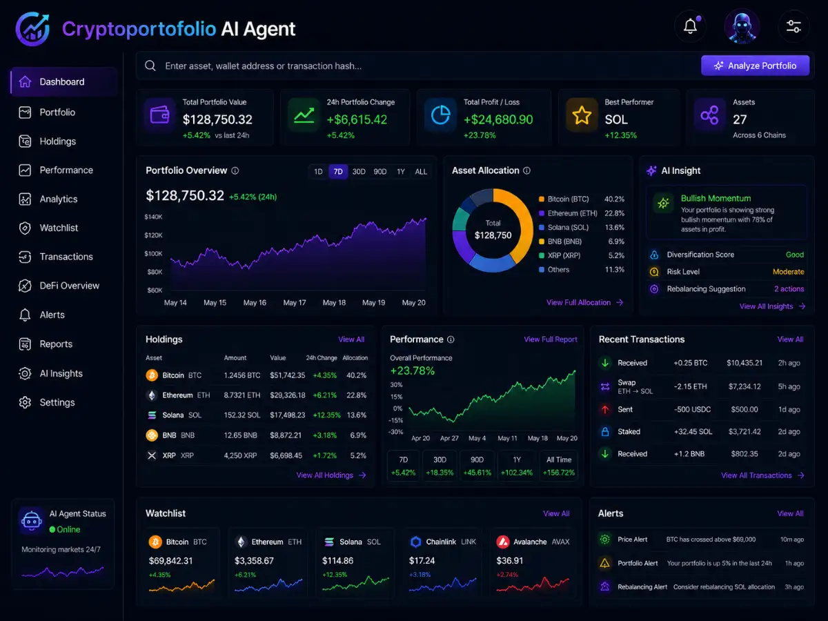 cryptoportofolio.app AI crypto portfolio app — market intelligence dashboard preview